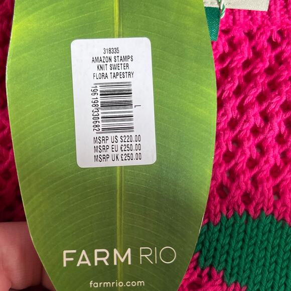 Farm Rio Amazon Stamps Open Knit Cotton Sweater Pink Womens Size Large Island - Picture 8 of 14